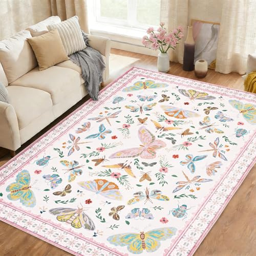 Alishomtll Rosa Vintage Teppich, Schmetterling & Insekt Teppich 160x230 cm | Rutschfest Waschbar Küchenteppich, Weich Kurzflor Flurläufer für Wohnzimmer Schlafzimmer Kinderzimmer Mädchenzimmer Eingang