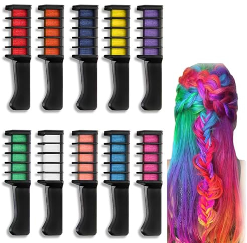 Hair Chalk for Girls Set, Pack of 10 Portable Non-Sticky Temporary Hair Colour, Temporary Hair Colour Comb, Instant Hair Dye Hair Gift Girls for Party Carnival Halloween,Washable