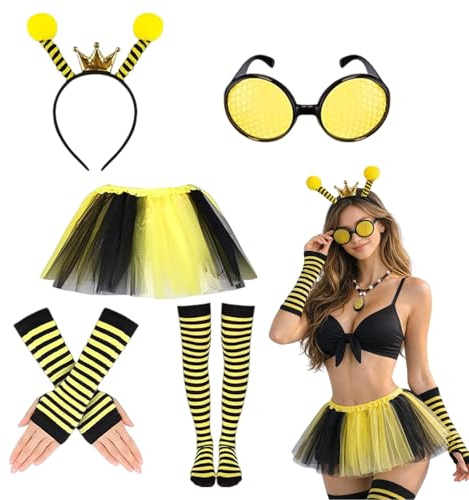 GWAWG - Disfraz de abeja para mujer con falda tutu, cabeza de abeja con antenas, medias de rayas negras y amarillas y guantes largos para carnaval, Halloween, fiesta temática