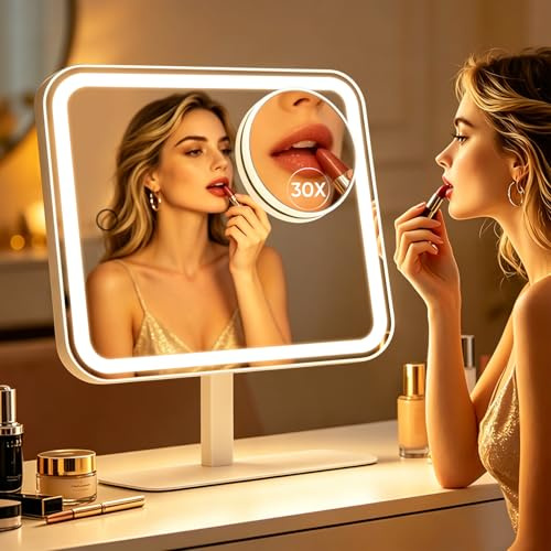 Famihomii 4500mAh 30X Recargable Espejo Maquillaje con Luz | Espejo Tocador Mit 96 Luces Led Und Espejo De Aumento, 360°Vanity Mirror Mit 3 Modos De Luz & Intensidad Ajustable
