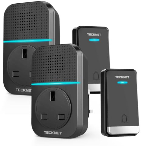 TECKNET Self-Powered Wireless Doorbell Kit (2 Buttons & 2 Receivers),Black | IP65 Waterproof No Battery Plug in Cordless Door Chime Kit, 1312ft Range, 60 Chimes, 5-Level Volume, LED Flash for Home