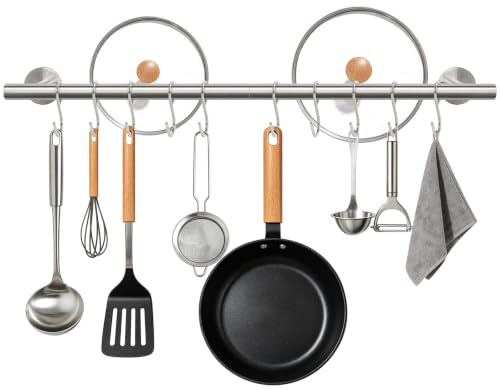 Siyzda 26 Inch Kitchen Utensil Rack, SUS304 Stainless Steel Pot and Pan Hanging Rail with 10 Sliding Hooks, Heavy Duty Wall Mounted Hanger and Organizer for Cookware, Mugs, Lids (Brushed Nickel)