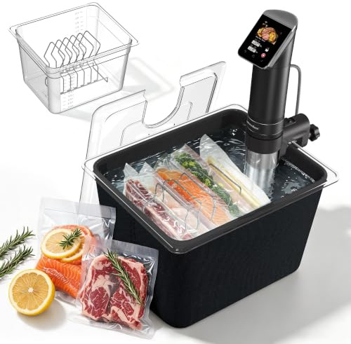 KitchenBoss Container Sous Vide 11L avec Couvercle et Grille Inox - Set Complet avec Housse Isolante Néoprène, Compatible avec la Plupart des Cuiseurs, Idéal pour Cuisson Longue et Homogène, BPA-Free