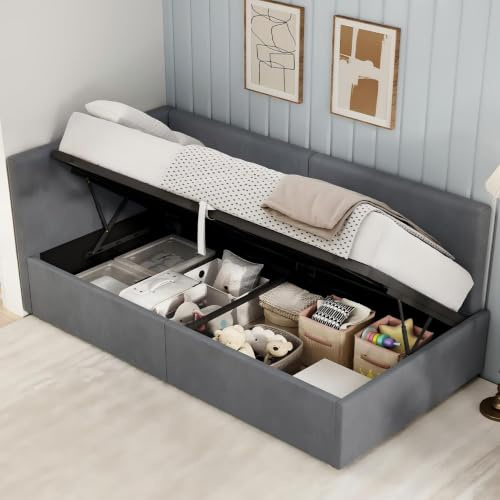 LUXOAK Tagesbett 90x200 cm mit Bettkasten und Gasdruckfeder, Dunkelgrau | Weicher Samtbezug, 2-in-1 Sofa- und Schlafmodus, bis 400 kg belastbar, Rundumpolsterung, für Gäste- und Kinderzimmer