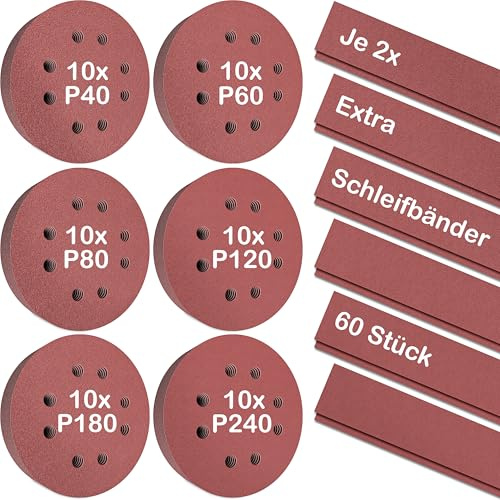KSP-TEC® Schleifpapier 125mm Klett [60 STÜCK] - Schleifscheiben für Exenterschleifer Mit Körnung je 10x 40/60/80/120/180/240 - Ideal für Oberflächenbearbeitung von Metall, Holz & Kunststoffen