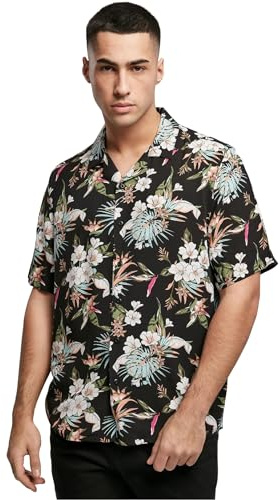 Urban Classics Viscose AOP Resort Shirt Hombre, Camisa Hawaiana con Estampado de Flores y Cuello Vuelto, Tallas S-5XL, Blacktropical, XXXXXL