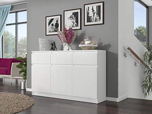 Framire Highboard Weiß 120x40x98 cm – 3-türige Kommode mit Schubladen, Sideboard für Wohnzimmer, Esszimmer & Schlafzimmer, modernes Schrankmöbel, Modern S-3