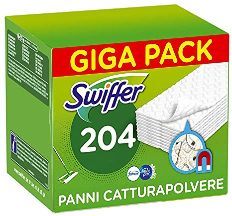 Swiffer Panni Catturapolvere Casa, 204 Panni Microfibra Dry, Panni Cattura Polvere E Sporco, Ottimo Per Tutti I Tipi Di Pavimenti E Per I Peli Di Animali, Maxi Formato,