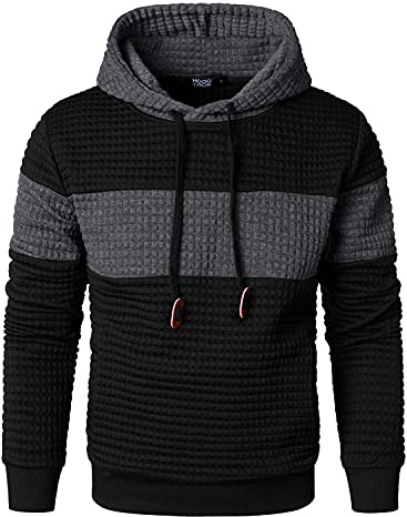 HOOD CREW Men’s Sweatshirts Long Sleeve Pullover Patchwork Plaid Jacquard Hoodie Casual Drawstring Hoody Top Black 4XL