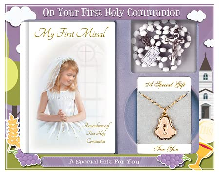 celebrationgiftsforall Gebet Karte / Missal, weißer Rosenkranz und Halskette für Mädchen zur Erstkommunion, Gebet zum katholischen Glauben