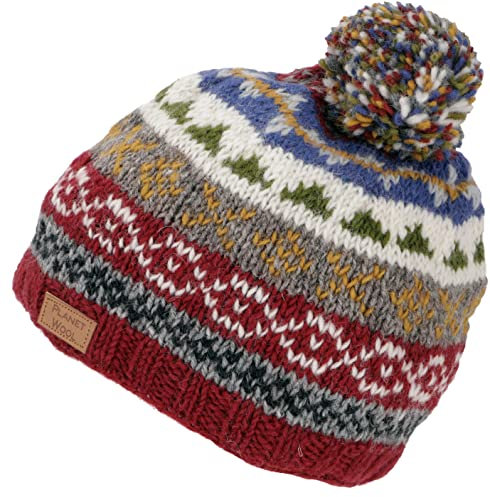 GURU SHOP Bommelmütze aus Nepal, Mütze aus Schurwolle, Wintermütze - Rostrot/blau, Herren/Damen