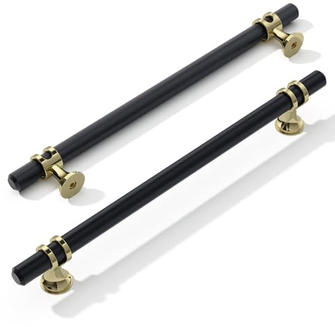FURNIWARE Pack of 10 Cabinet Handles, Hardware Drawer Pulls, Zinc Alloy + Aluminum Kitchen Cabinet Door Handles Pull, 192mm(7.6 Inch) Hole Center Gold + Black