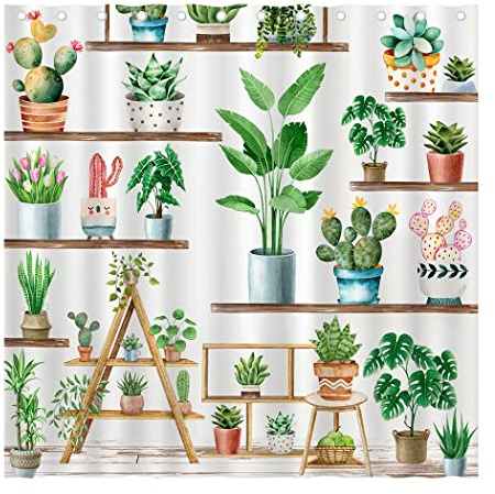 Juirnost Green Plant Farmhouse Shower Curtain Bohemian Potted Plant Shower Curtain for Bathroom Cactus Succulent Plant Bathtubs Decor for Bathroom with 12 Hooks Waterproof Polyester Fabric 72 x 72