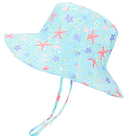 LACOFIA Sombrero de Sol Bebé Gorro Verano para Niñas Sombrero Playa de ala Ancha UPF 50+ Proteccion Solar con Correa Ajustable para Barbilla Azul Claro 6-12 Meses