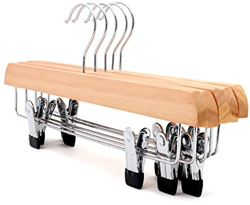 The Hanger Store 10 Pack Eco Wooden Skirt Trouser Hangers with Clips, FSC® Sustainable Eucalyptus Wooden Hangers, 35cm