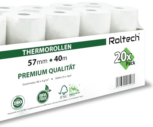 ROLTECH | 20 termopappersrullar | 57 mm x 40 m x 12 mm | BPA-fri | EC Cash | kassarullar | termopapper | kvittorullar | premiumkvalitet (20)