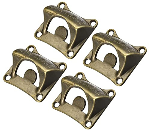QUARKZMAN 4 uds Pared Montado Abrebotellas 2,5 x 2,2 Bronce | Cerveza Botella Abridor, Fundido Hierro, Montaje en Pared, Cocina Bares Herramientas, para Café Bares KTV Hoteles