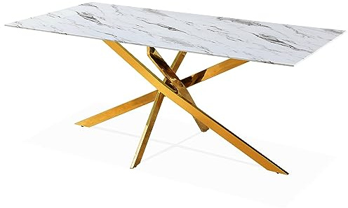 INTENSE DECO Table rectangulaire en Verre Effet marbre et Pieds doré Jodie
