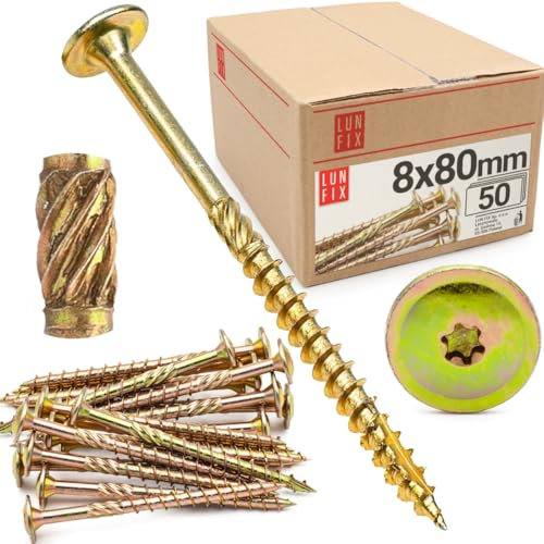 Lun Fix Vis à bois TX40 8.0x80 mm 50 pièces, fixation terrasse, charpente, toiture, tête large torx, acier zingué, filetage partiel, panneaux agglomérés, cloison