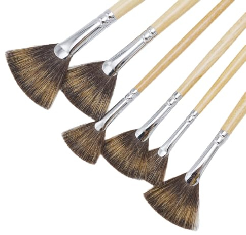 Jowoart Lot de 6 pinceaux en bois pour peinture acrylique - Éventail à cheveux mélangés - Pinceau de peinture à l'huile - Fournitures d'art - Matériel de dessin pour artiste