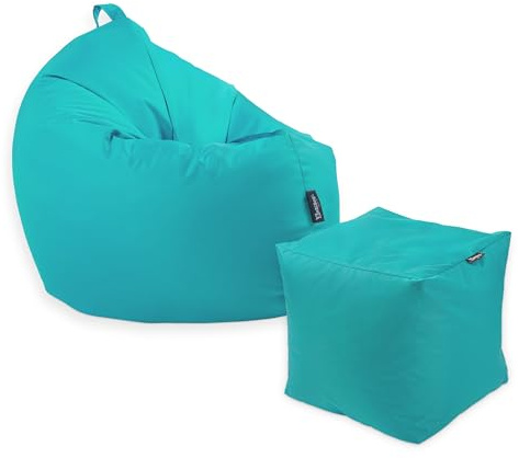 Premium 2-in-1 Sitzsack mit Füllung | Fußhocker | für Kinder & Erwachsene | Outdoor & Indoor | Sitzkissen | Bodenkissen | Wasser- & schmutzabweisend + Sitzpouf 35x35x35cm (Türkis, 100 CM + Sitzspouf)