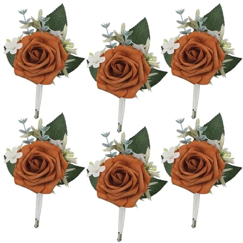 Rinlong 6Pcs Burnt Orange Boutonniere for Men Fall Wedding Groom Rusitc Terracotta Groomsmen Boutonnieres