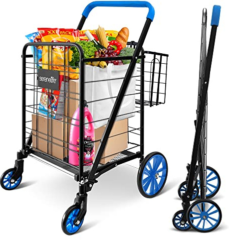 SereneLife Shopping Cart - Swivel Front Wheels, Portable and Collapsible Design, with Detachable Basket, Ideal for Grocery, Laundry, and Shopping, 110 lbs Weight Capacity