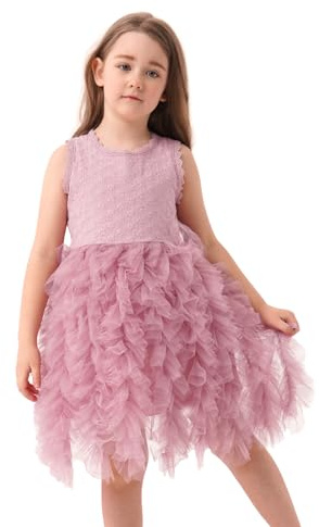 Miipat Baby flickor klänning tyll ärmlös småbarn flicka prinsessa klänningar volanger tutu broderi festlig födelsedag blomma flicka klänningar, Rosenrosa, 5-6 År