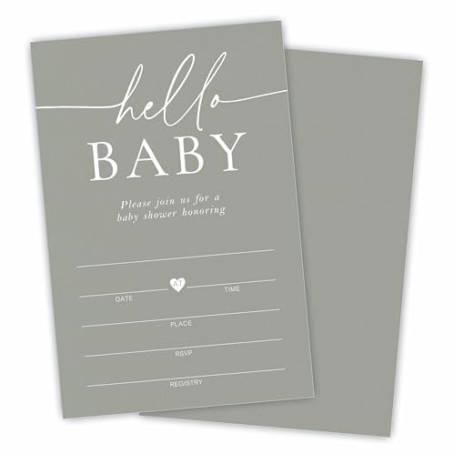 DYIRBIIY Einladungen zur Babyparty mit Umschlägen – Hello Baby – Moosgrüne Einladungen zum Ausfüllen für Babyparty, Geschlechtsoffenbarung, Baby-Ankündigung, Partyzubehör – A11