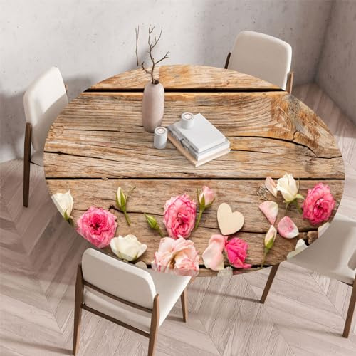 Morbuy Elastische Tischdecke Rund Wasserdicht, 3D Blumen Drucken Tischdecke mit Gummizug Rund Tischdecken Tischtuch Abwischbar Gartentischdecken (Rosenblüte,Durchmesser 80cm)