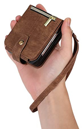 UEEBAI Étui pour Samsung Z Flip 7 FE/Z Flip 6/Z Flip 5 5G, Portefeuille Cuir PU Rabat Housse avec Dragonne Fentes Cartes Fonction Support Fermeture Magnétique Protection complète, Vintage Brun