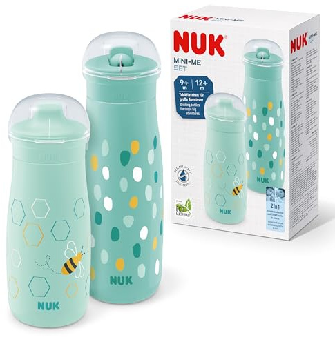 NUK Mini-Me Cup Set für Kleinkinder | Sip & Flip-Aufsätze | 9-12+ Monate | 300 ml & 500 ml | Trinkflaschen für Kinder | Auslaufsichere, beißfeste Tülle & Trinkhalm | Bruchsicher | Mint Dots & Bee