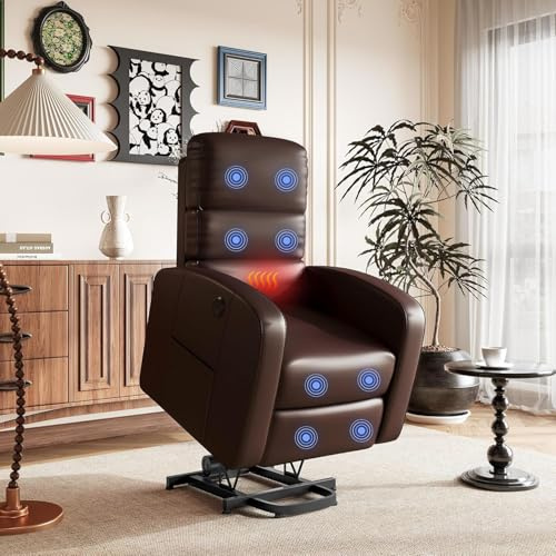 FLEXISPOT Recliner Armchair Lift Chair with Massage & Heat, Extended Footrest, USB Ports, Dual Side Pockets Reclining Chairs Lounge Sofa, Brown