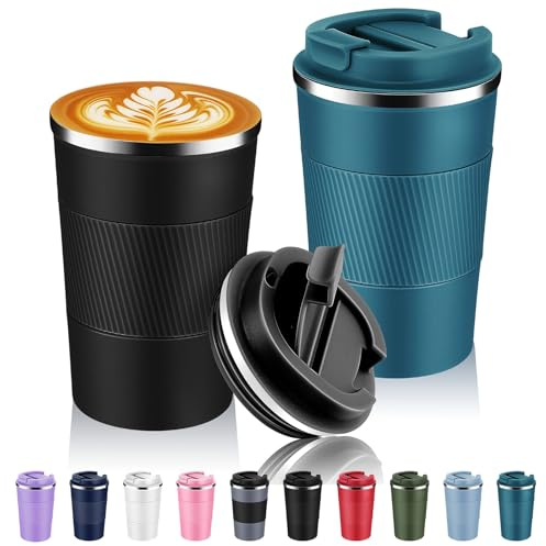 Volhoply 380ml 13oz Stainless Steel Insulated Travel Coffee Mug with Fip Lid Bulk 2 Pack,Reusable Double Wall Vacuum Metal Coffee Cup,Portable Leak Proof Tumbler for Hot & Cold Drinks(Assorted,2)