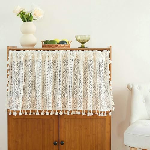 Daesar Küchengardine Stangendurchzug, Vorhang Halbtransparent Kurz 150x100CM Spitze Stricken mit Geometrie Muster Scheibengardine Bistrogardine Landhausstil Beige, 1 Stück