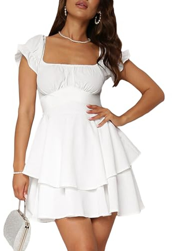 Yoisdtxc Women's Cocktail Dresses Puff Short Sleeve Skater Dress Square Neck Waist Tie Chiffon Ruffle Mini Swing Dresses