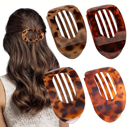 Yeomju 4 Stück Schildpatt Leopard Flache Haarklammern, Flat Claw Clip für Damen, Runde Lay Down Haarklammer für Dickes und dünnes Haar, Bequeme, Gebogene Flache Clips