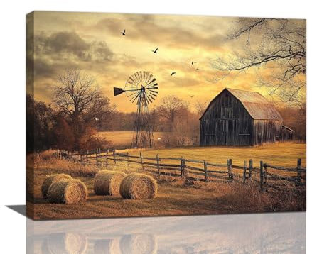 Bauernhaus-Wandkunst, rustikale alte Scheune, Windmühle, Bilder, Dekor, Landes-Sonnenuntergang, Leinwanddrucke, Gemälde, modernes gerahmtes Kunstwerk für Zuhause, Badezimmer, Schlafzimmer, Wohnzimmer,