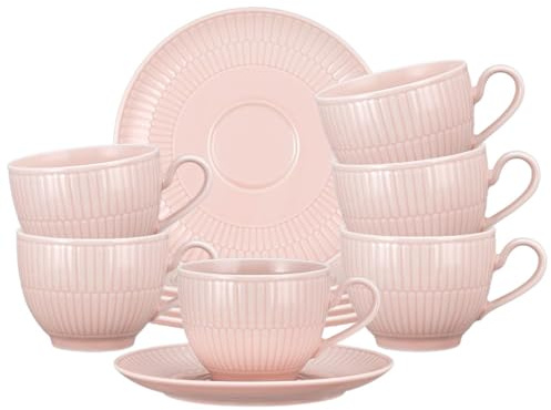 Seltmann Weiden Amina Rosé Kaffeetassen mit Untertassen 6er Set, 250 ml, Kaffee-Set für 6 Personen mit dezentem Relief-Muster, Spülmaschinen- und Mikrowellenfest, Porzellan, Rosa