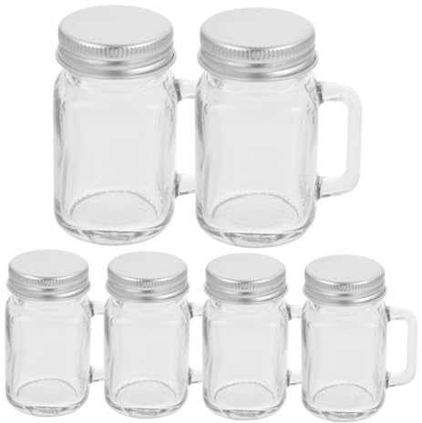 POPETPOP Frascos de Vidrio Mini con Asas 60 Ml Transparentes con Tapa Hermética para Condimentos Almacenamiento Cocina 6 Piezas Uso en Bebidas Postres y Mermeladas