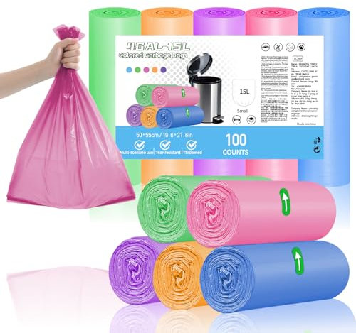 XUXRUS Sacs Poubelle 15L Multicolores – 100 Sacs à Ordures, Anti-Déchirure & Anti-Fuite, Idéal pour Cuisine, Salle de Bain, Bureau