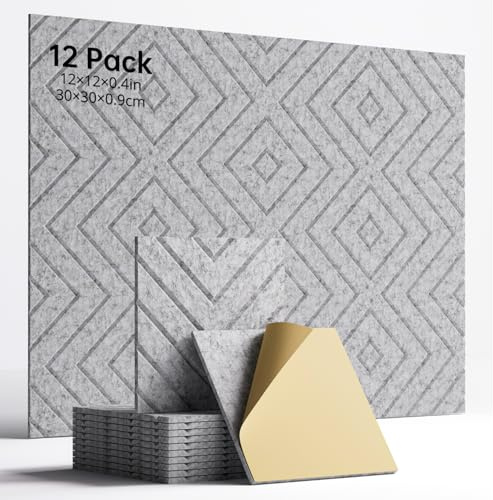 Woovio Sound Proofing Panels, 12 Pack Self-Adhesive Acoustic Panels Gray | High Density Acoustic Wall Panels for Podcast Studio, Living Room, Offices 30x30x0.9cm