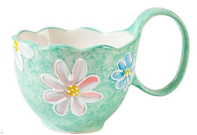 550 ml handbemalte Tasse mit großen Ohren, niedlicher Keramikbecher mit großem Griff, grüne Chrysantheme