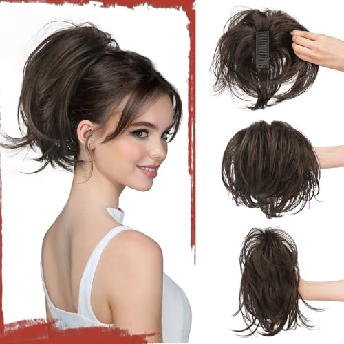 Sofeiyan Zopf Haarteil mit Klammer,Kurze Pferdeschwanz Haarverlängerung mit Flexiblem Draht für DIY-Styling,Glattes Kunsthaar Ponytail Extension Perücke für Frauen,Dunkelbraun/Dunkelrotbraun-Mix