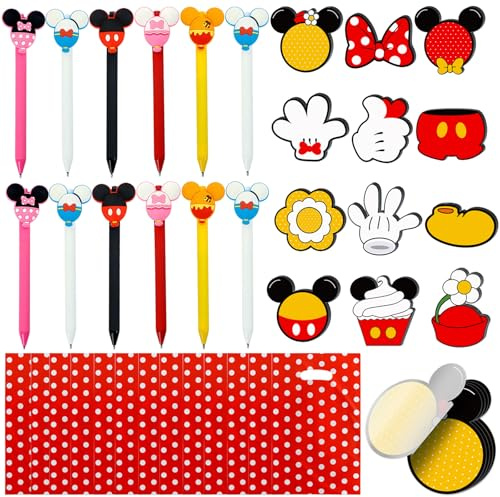 Cartoon Mouse Party Gifts Set 12 Sticky Notes, 12 Ballpoint Pens and 12 Gift Bags for Cartoon Mouse Themed Birthday Party Decorations Supplies School Stationery Favors
