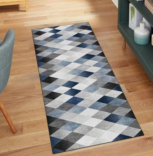 QQrunner Küchenläufer rutschfest, Waschbar Grau Blau 80x200CM Teppich Läufer Flur Lang Meterware Patchwork Teppichläufer Korridor Polyester Wohnzimmer Schmutzfangmatte