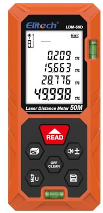 Elitech Laser Measur 50M with 2 Bubble Levels, Digital Laser Distance Meter for Measuring Distance Area Volume Pythagoras, Laser Rangefinder Ft/In/M Unit Switch – LDM-50D