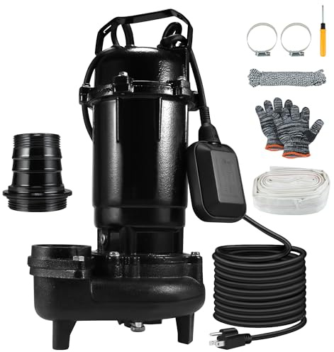 1HP Sewage Grinder Sump Pump, Cast Iron Submersible Effluen Pumps 110V 6400GPH with Auto Float Switch and Adapter for Basement, Sump Basin, Residential Sewage, 2 NPT Discharge