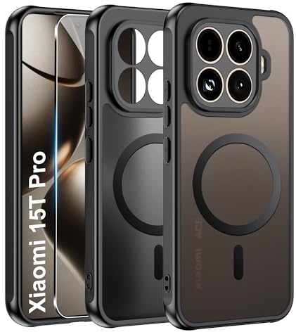 Effcotuo Magnétique Coque pour Xiaomi Mi 15T Pro 5G Case avec MagSafe avec Verre Trempé Protection écran Anti-Chute Silicone Souple + PC Givré Coque, Etui Translucide Mat Arrière Housse Antichoc
