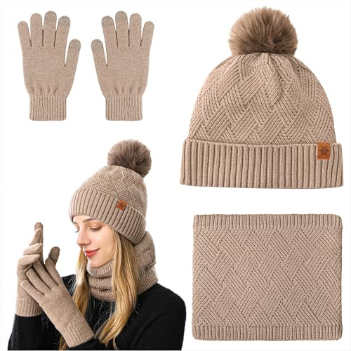 Set de Bufanda Gorro y Guantes para Mujer 3 Piezas Invierno Gorro de Punto Termicos Guantes Tactiles Bufanda Conjunto con Forro Polar Invierno Regalos para Navidad, Caqui